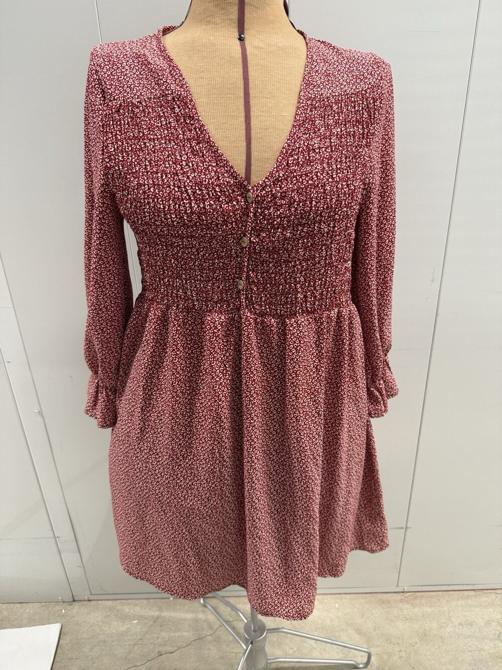 Peach Love California Large Womens Cottage Core Dress Red & White 3/4 Sleeves